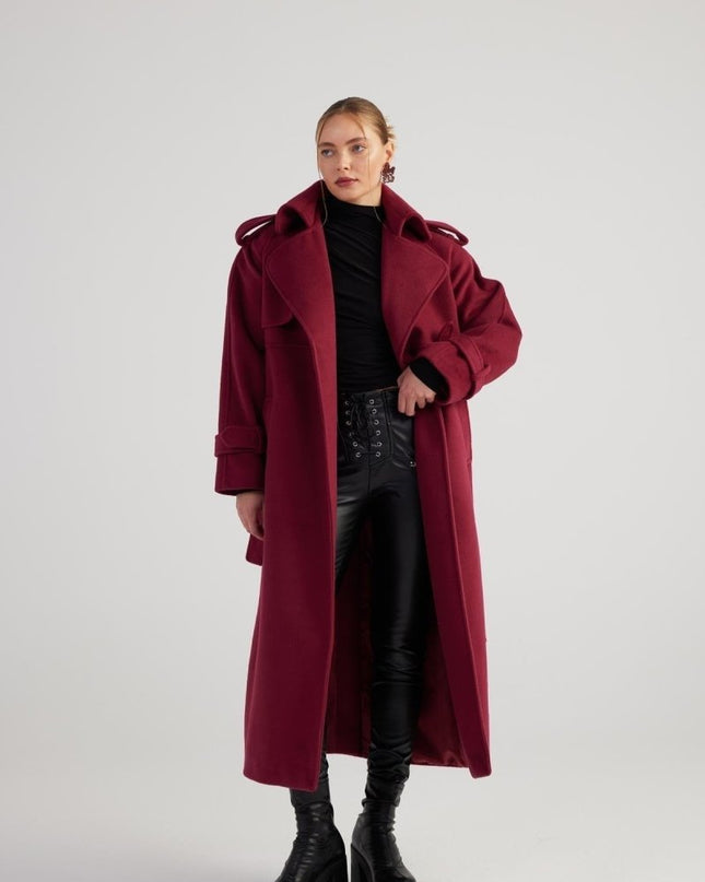 Nora Burgundy Cashmere Blend Maxi Coat – Elegant Winter Outerwear - Trench Coats - Buy Me Fur Ltd