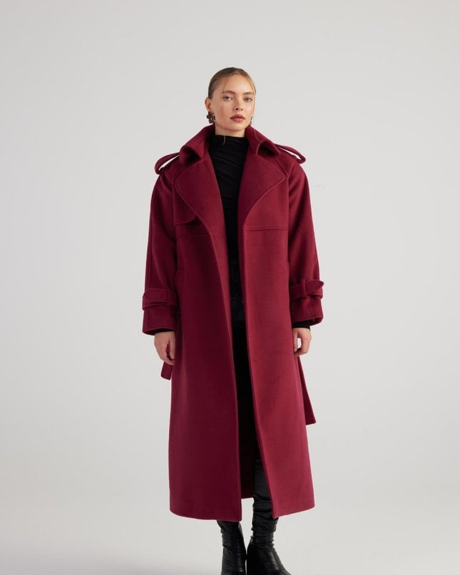 Nora Burgundy Cashmere Blend Maxi Coat – Elegant Winter Outerwear - Trench Coats - Buy Me Fur Ltd