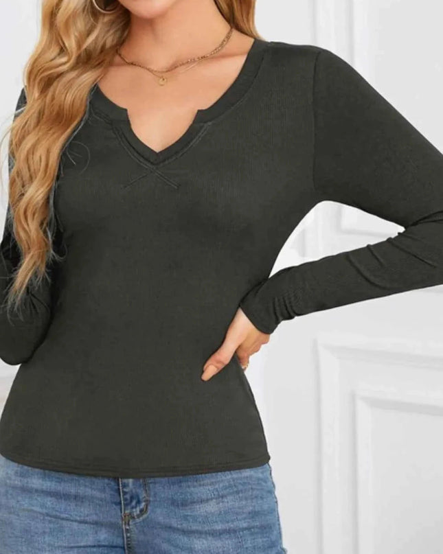 Notched Long Sleeve T-Shirt - Trendsi
