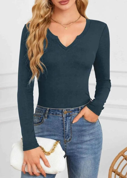 Notched Long Sleeve T-Shirt - Trendsi