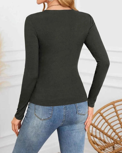 Notched Long Sleeve T-Shirt - Trendsi