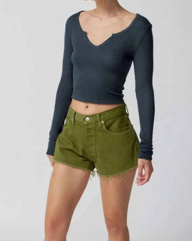 Notched Long Sleeve T-Shirt - Trendsi