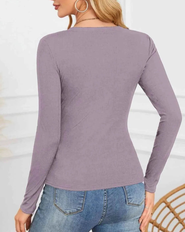Notched Long Sleeve T-Shirt - Trendsi