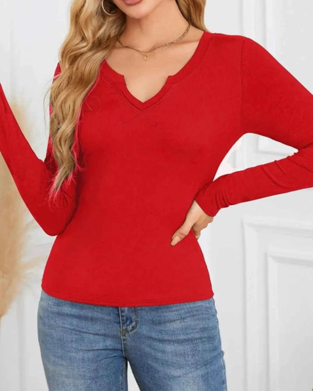 Notched Long Sleeve T-Shirt - Trendsi
