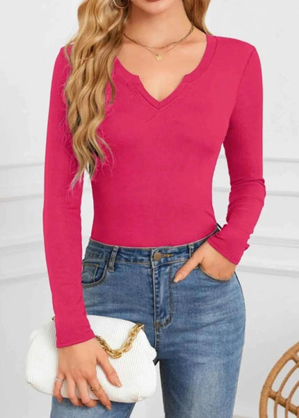 Notched Long Sleeve T-Shirt - Trendsi