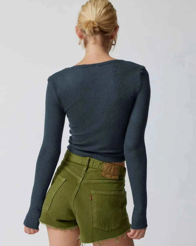 Notched Long Sleeve T-Shirt - Trendsi