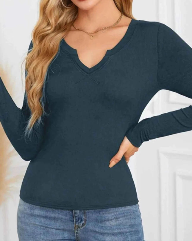 Notched Long Sleeve T-Shirt - Trendsi