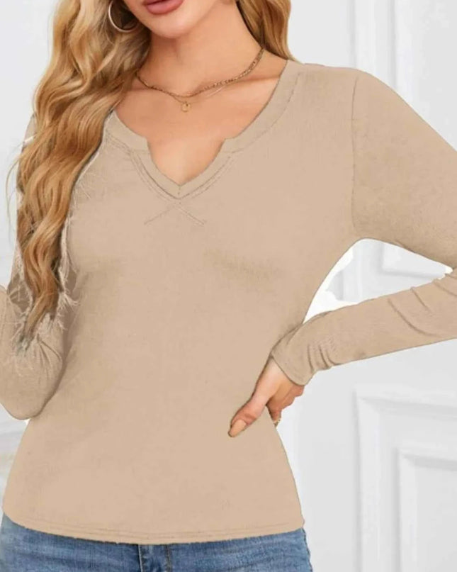 Notched Long Sleeve T-Shirt - Trendsi