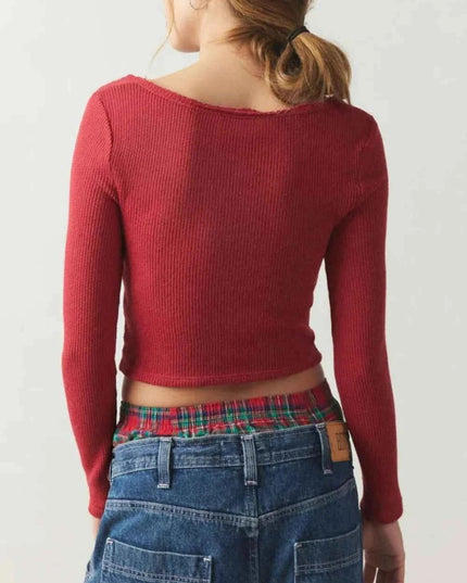 Notched Long Sleeve T-Shirt - Trendsi