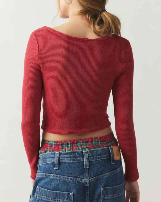 Notched Long Sleeve T-Shirt - Trendsi