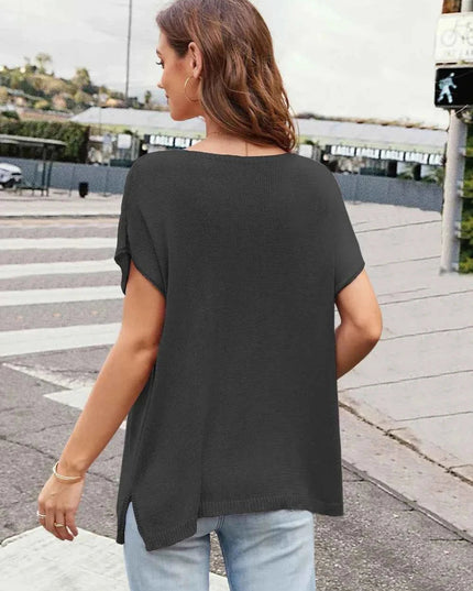 Notched Short Sleeve Knit Top - Trendsi