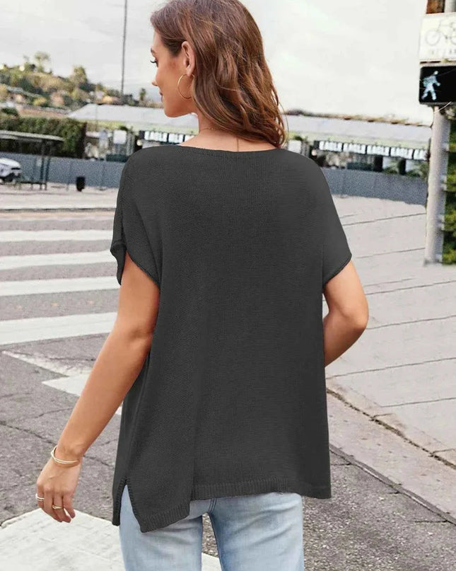 Notched Short Sleeve Knit Top - Trendsi