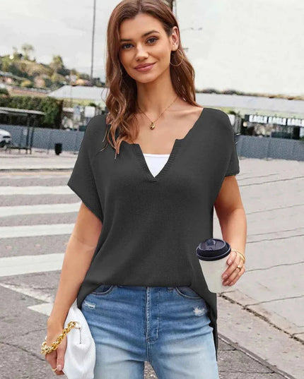 Notched Short Sleeve Knit Top - Trendsi
