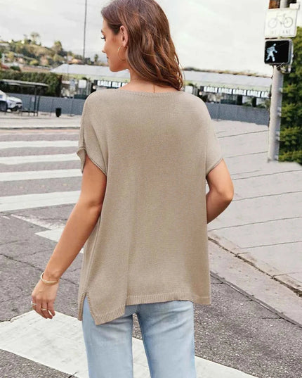 Notched Short Sleeve Knit Top - Trendsi