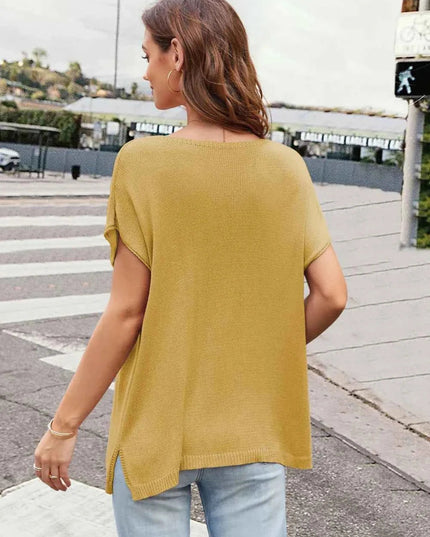 Notched Short Sleeve Knit Top - Trendsi