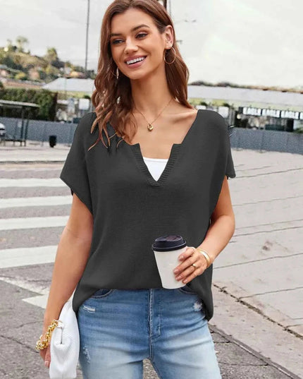 Notched Short Sleeve Knit Top - Trendsi