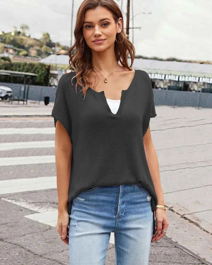 Notched Short Sleeve Knit Top - Trendsi