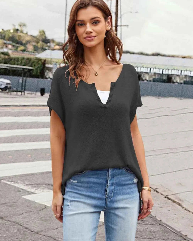 Notched Short Sleeve Knit Top - Trendsi