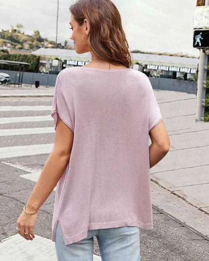 Notched Short Sleeve Knit Top - Trendsi
