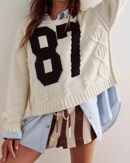 Number 81 Oversized Cable Knit Sweater - Trendsi