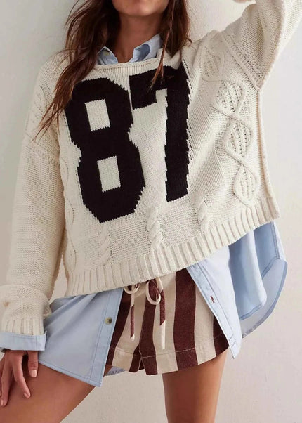 Number 81 Oversized Cable Knit Sweater - Trendsi