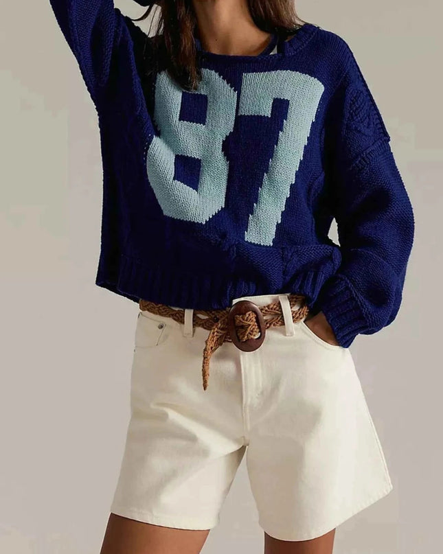 Number 81 Oversized Cable Knit Sweater - Trendsi