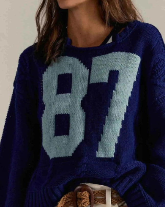 Number 81 Oversized Cable Knit Sweater - Trendsi