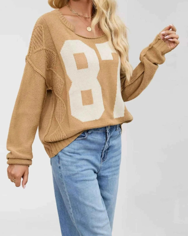 Number 81 Oversized Cable Knit Sweater - Trendsi