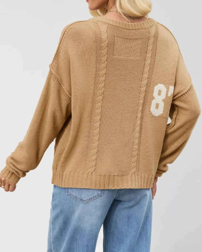Number 81 Oversized Cable Knit Sweater - Trendsi