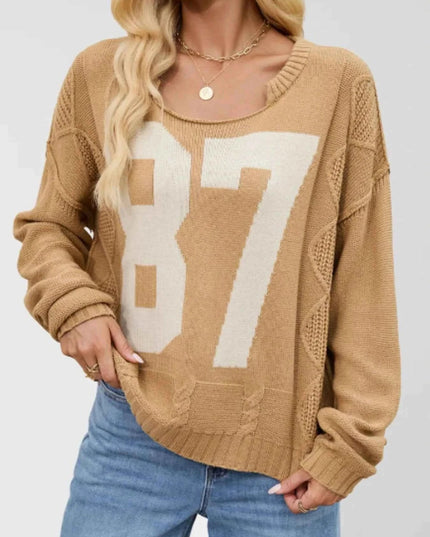 Number 81 Oversized Cable Knit Sweater - Trendsi