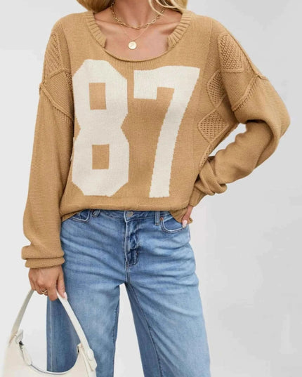 Number 81 Oversized Cable Knit Sweater - Trendsi