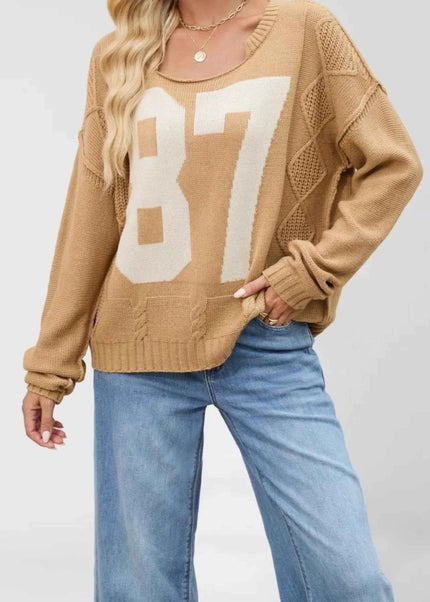 Number 81 Oversized Cable Knit Sweater - Trendsi