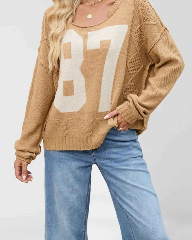 Number 81 Oversized Cable Knit Sweater - Trendsi