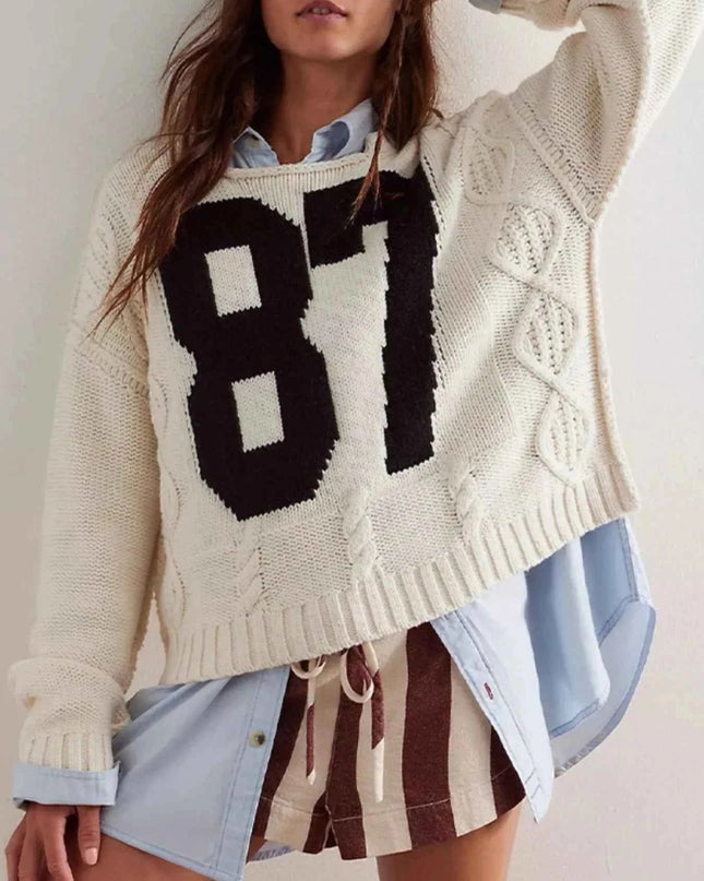 Number 81 Oversized Cable Knit Sweater - Trendsi