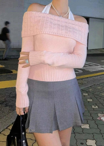 Off - Shoulder Cable Knit Sweater - Trendsi