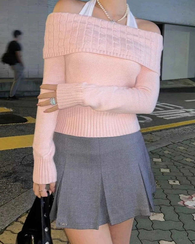 Off - Shoulder Cable Knit Sweater - Trendsi