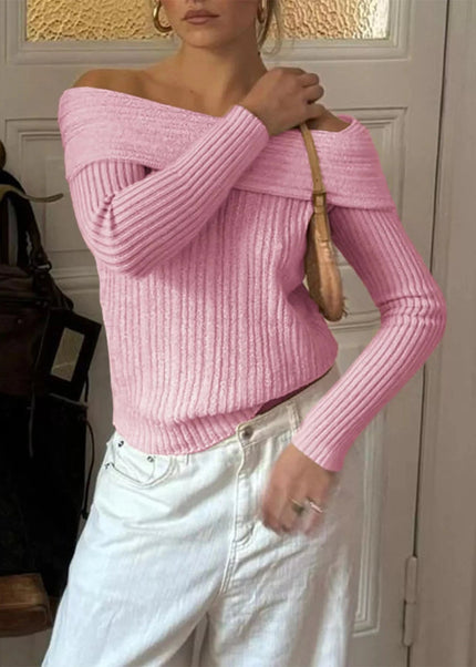 Off - Shoulder Ribbed Knit Sweater - Trendsi