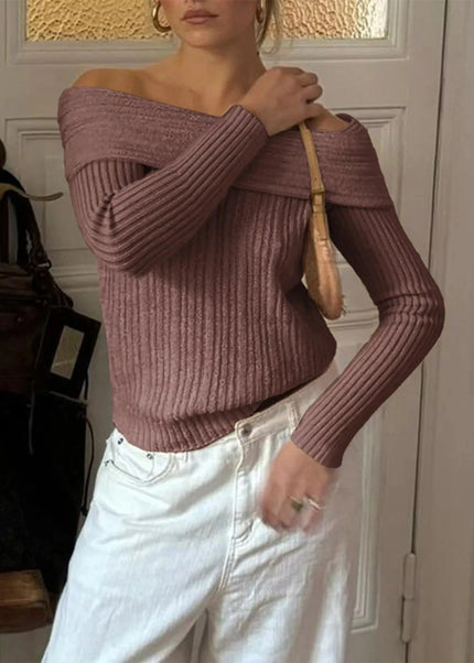 Off - Shoulder Ribbed Knit Sweater - Trendsi