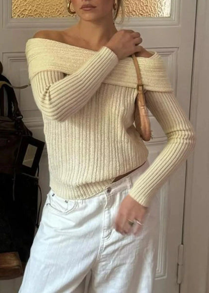Off - Shoulder Ribbed Knit Sweater - Trendsi