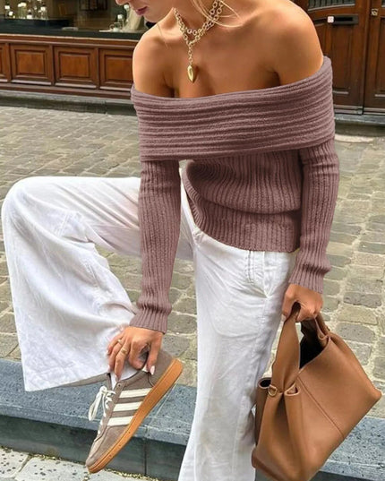 Off - Shoulder Ribbed Knit Sweater - Trendsi
