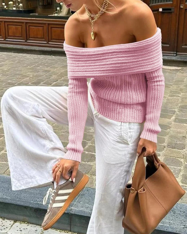 Off - Shoulder Ribbed Knit Sweater - Trendsi