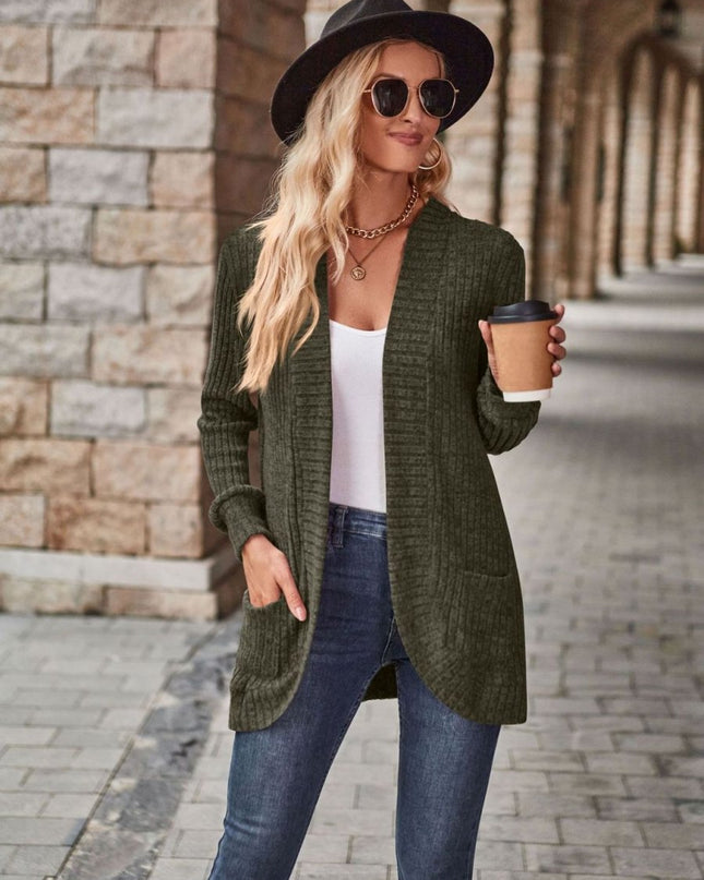 Open Front Cardigan with Pockets - Trendsi
