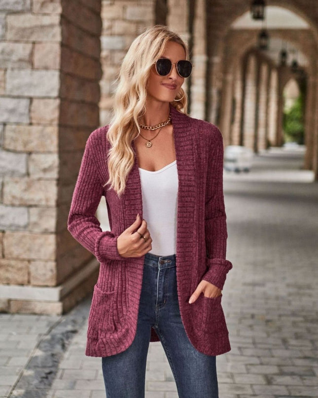 Open Front Cardigan with Pockets - Trendsi
