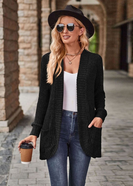 Open Front Cardigan with Pockets - Trendsi