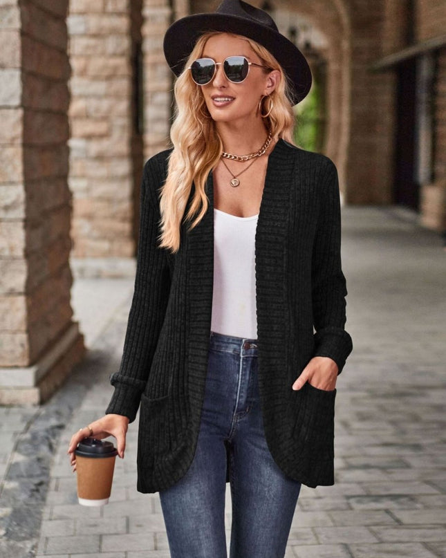 Open Front Cardigan with Pockets - Trendsi