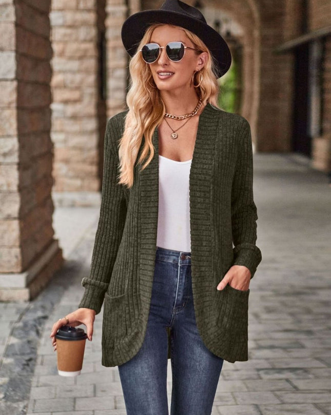 Open Front Cardigan with Pockets - Trendsi