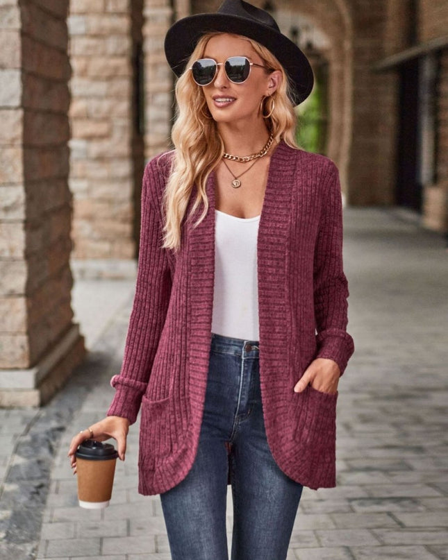 Open Front Cardigan with Pockets - Trendsi