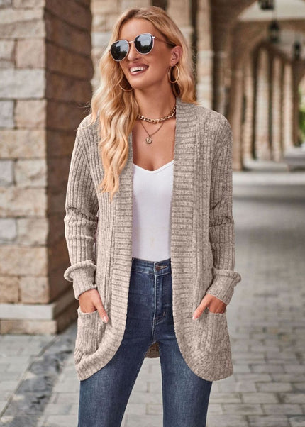 Open Front Cardigan with Pockets - Trendsi