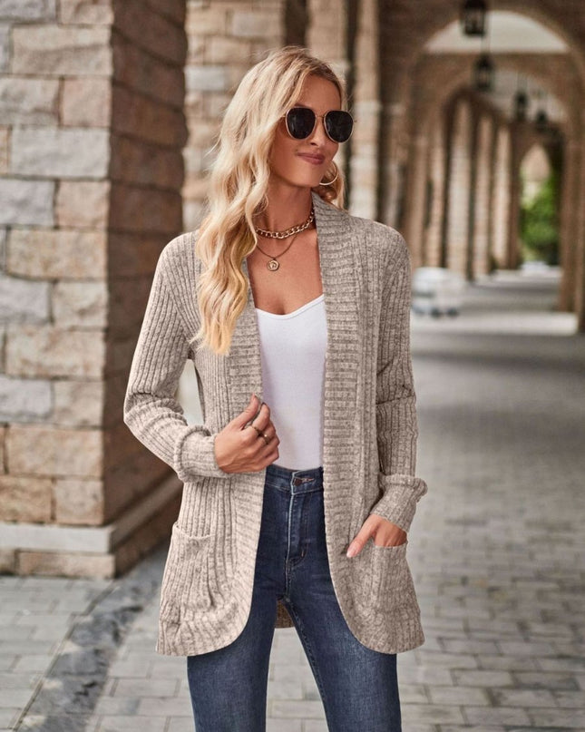 Open Front Cardigan with Pockets - Trendsi