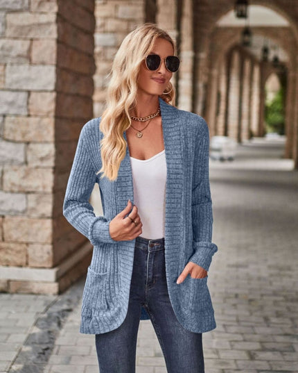 Open Front Cardigan with Pockets - Trendsi